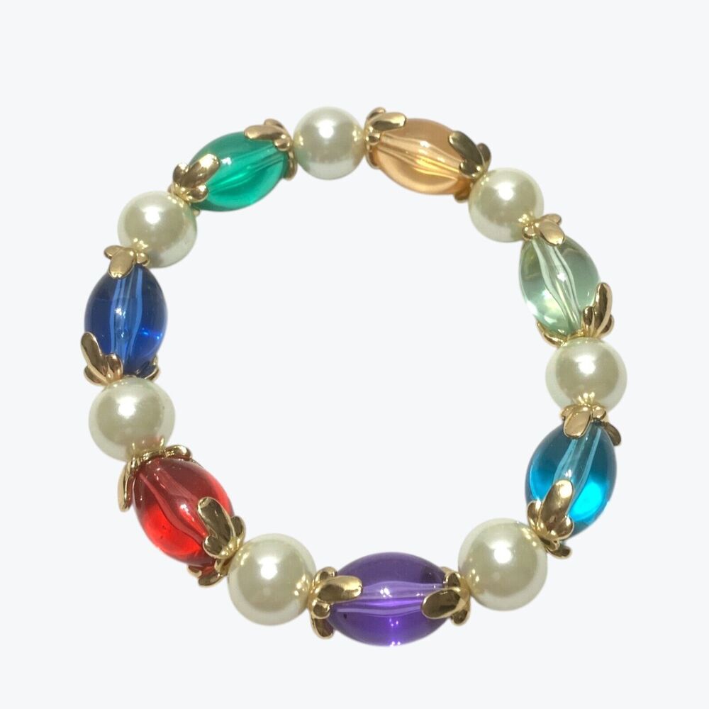Colorful Jewel Tone Beaded Bracelet Acrylic Simulated Pearl Stretch Jewelry Boho